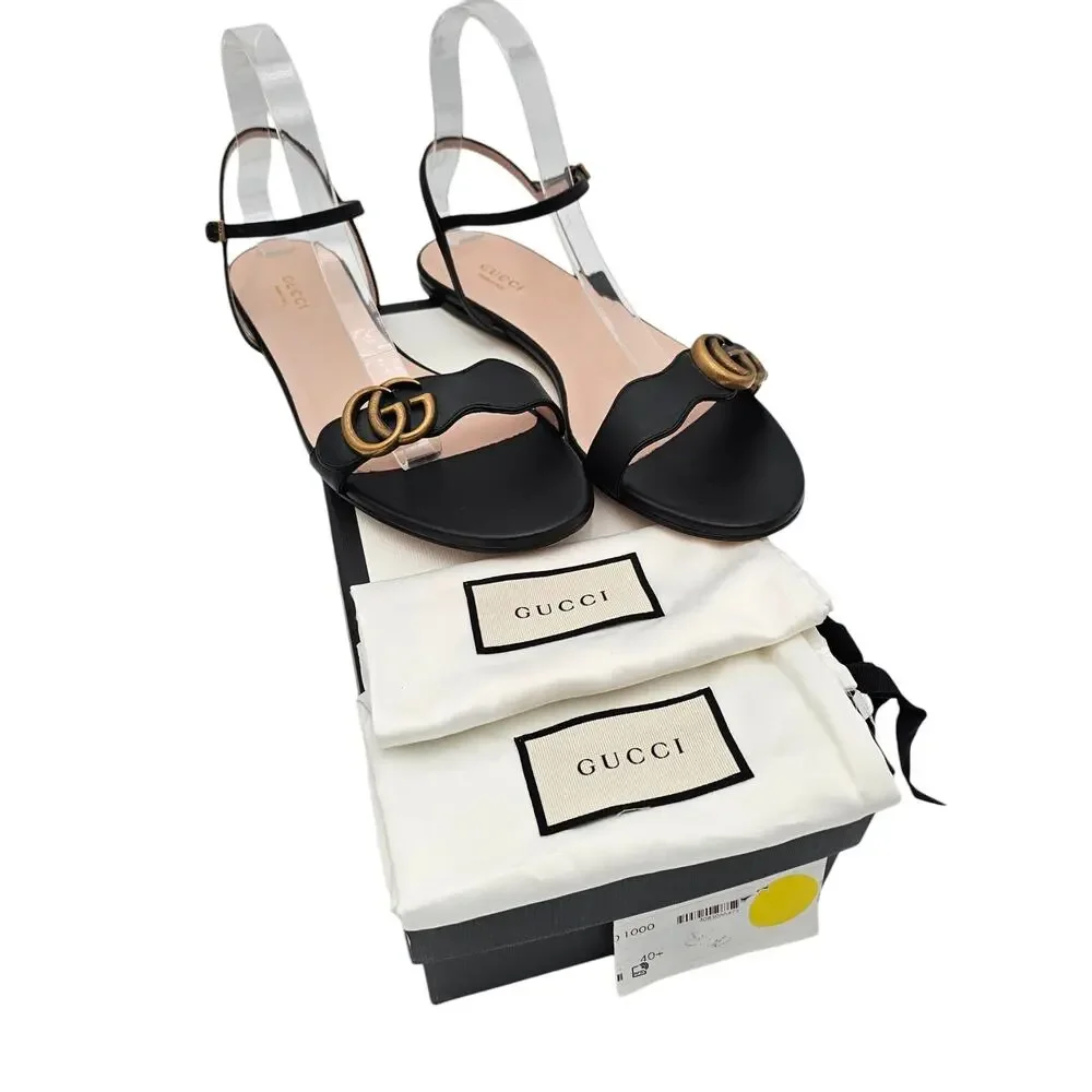 Gucci GG Marmont Flat Sandal Black Leather Ankle Strap Size 40.5 US 10.5